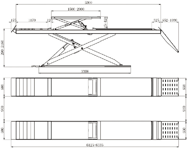 Pont élévateur à ciseaux d'alignement ultra-mince avec plate-forme principal et secondaire