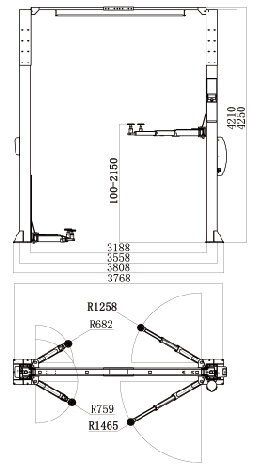 Pont élévateur portique type 2 colonnes avec déverrouillage électrique et hauteur/largeur ajustable
